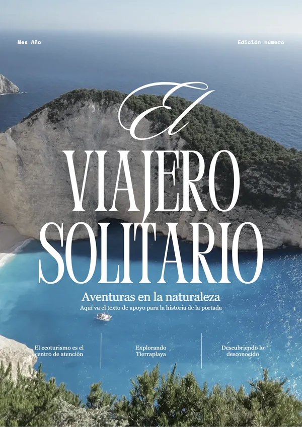 Revista de viajes de estilo minimalista tipográfico en gris azul claro y blanco